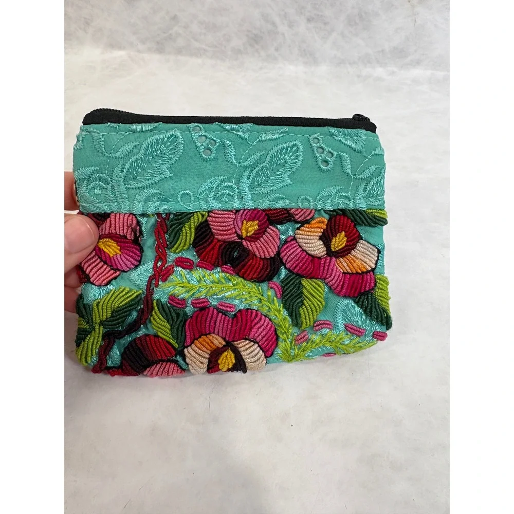 Mexican Handcrafted Embroidered Floral & Geometric Cotton Coin Purse Pouch Set 2